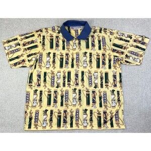 Vintage Slazenger Golf Polo Shirt Men's XL Golf Bags Clubs All Over Print Yellow